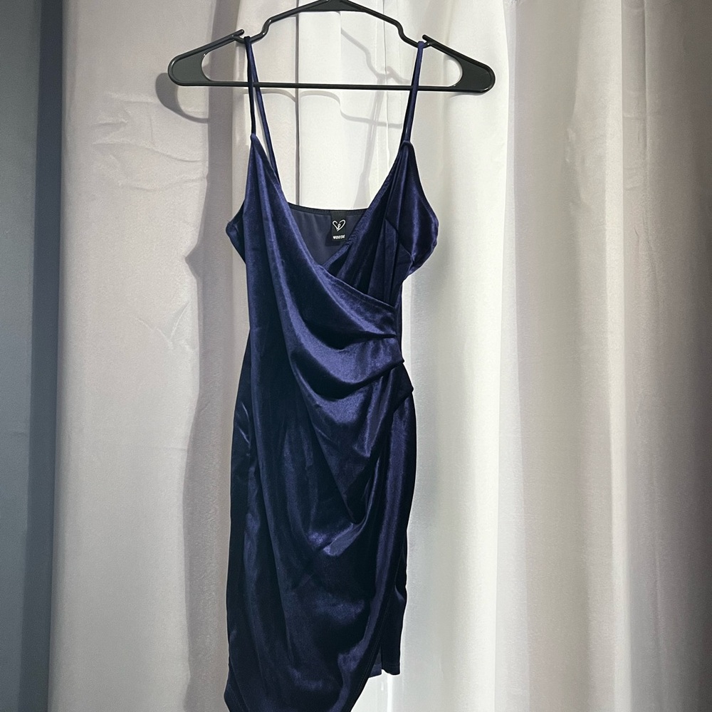 Windsor Blue Asymmetrical Slip Dress with Spaghetti Straps and Cowl Neck